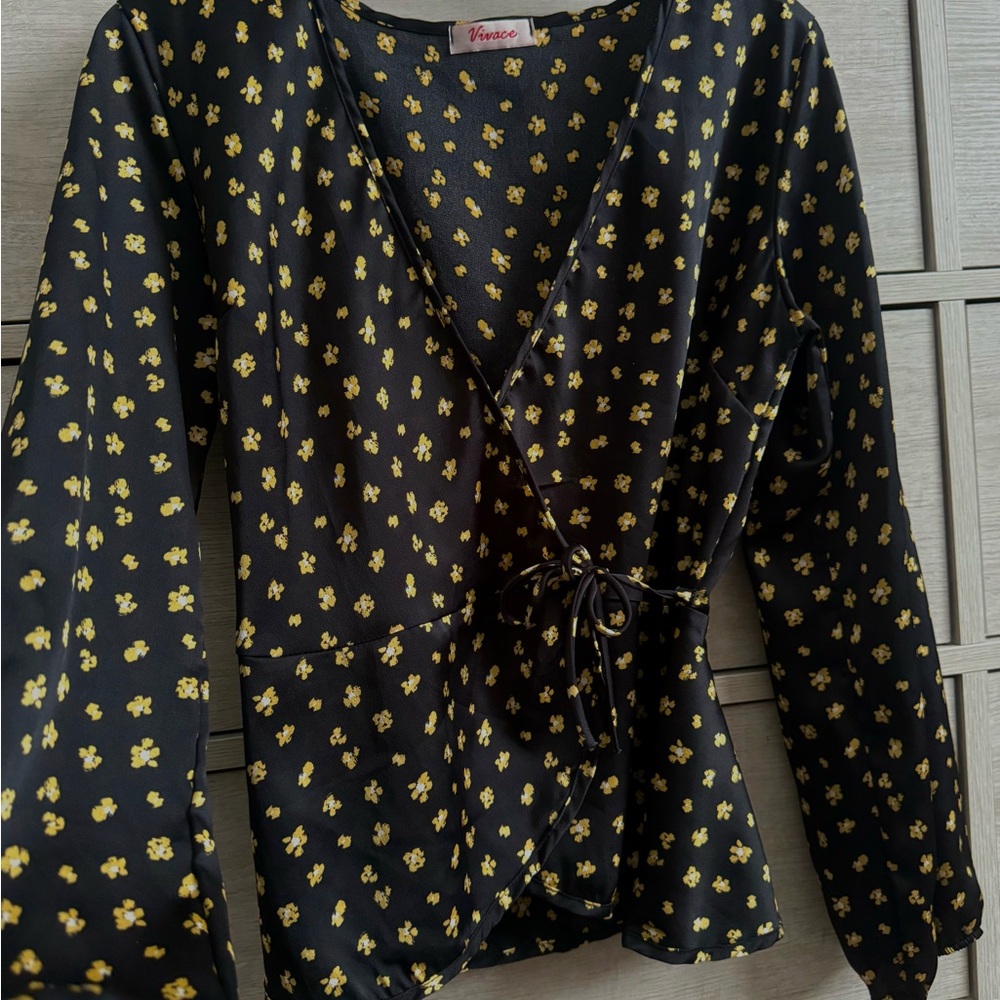 Vivace Black Floral Wrap Blouse – Long Sleeve Tie Waist